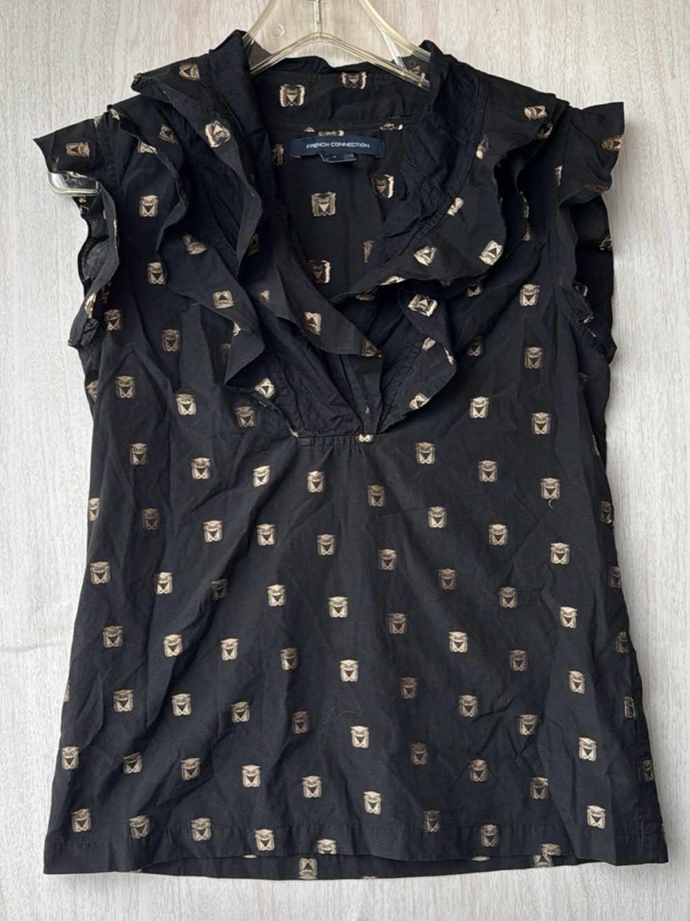 French Connection Black Sleeveless Ruffle V-Neck Top with Gold Metallic Motif